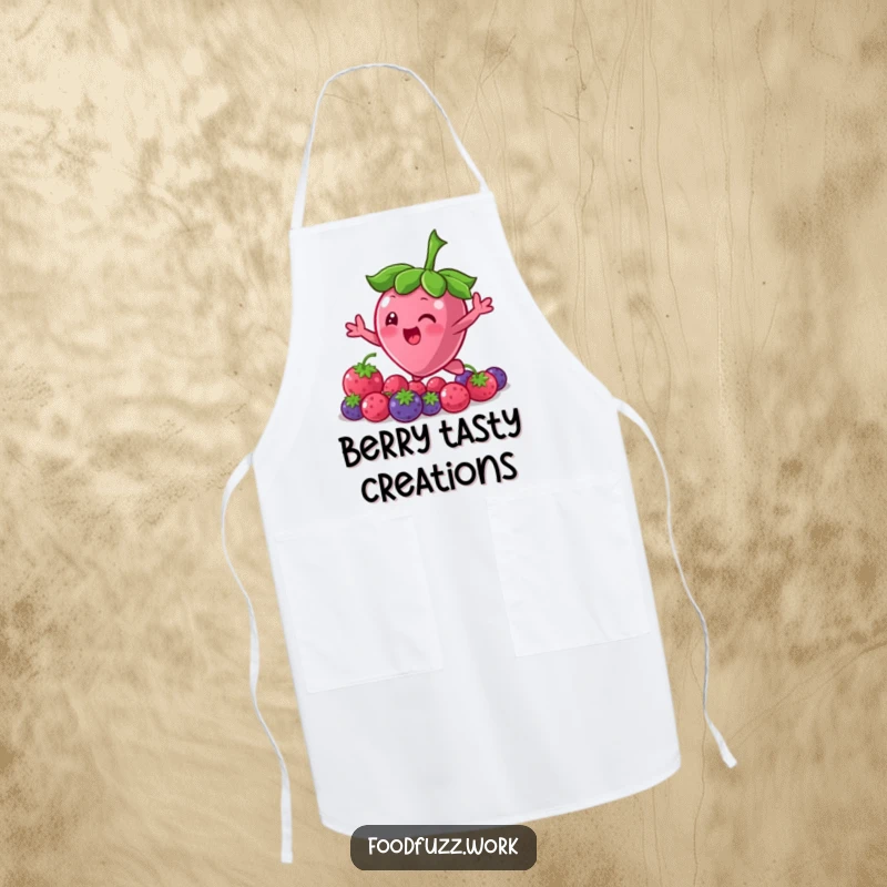 Funny Bouncing Berry Apron: A functional apron featuring a cute berry character bouncing and reaching for more, perfect for baking and cooking.
