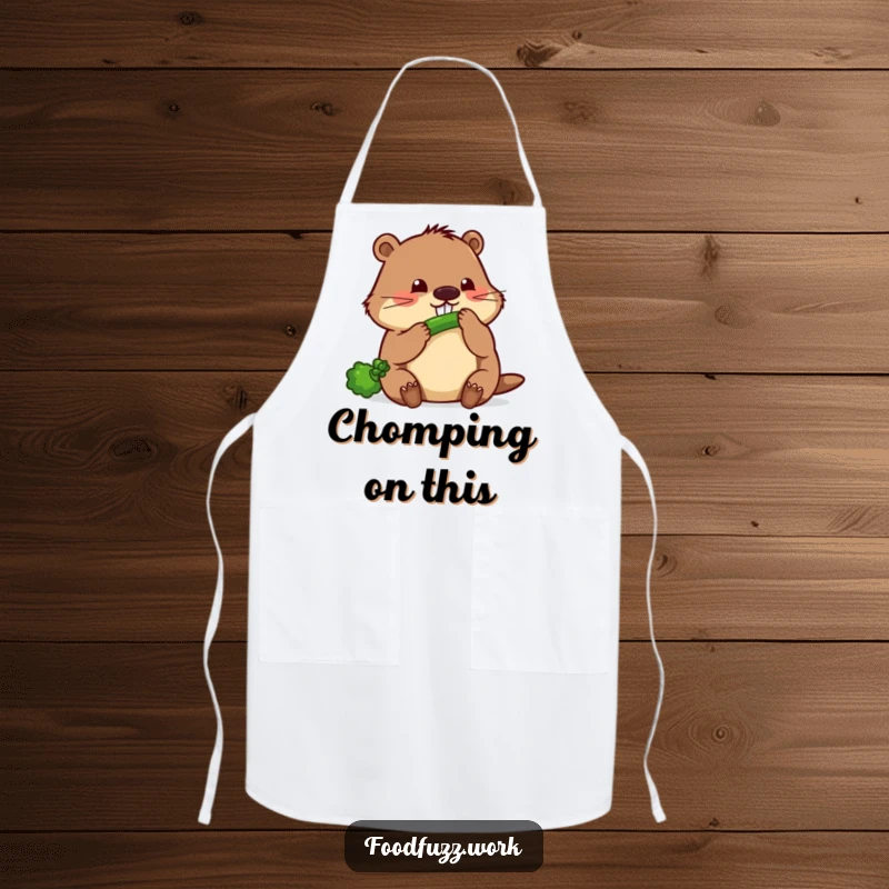 Funny beaver apron showing a dedicated beaver diligently gnawing on a thin cucumber, ideal for a humorous and functional kitchen accessory.