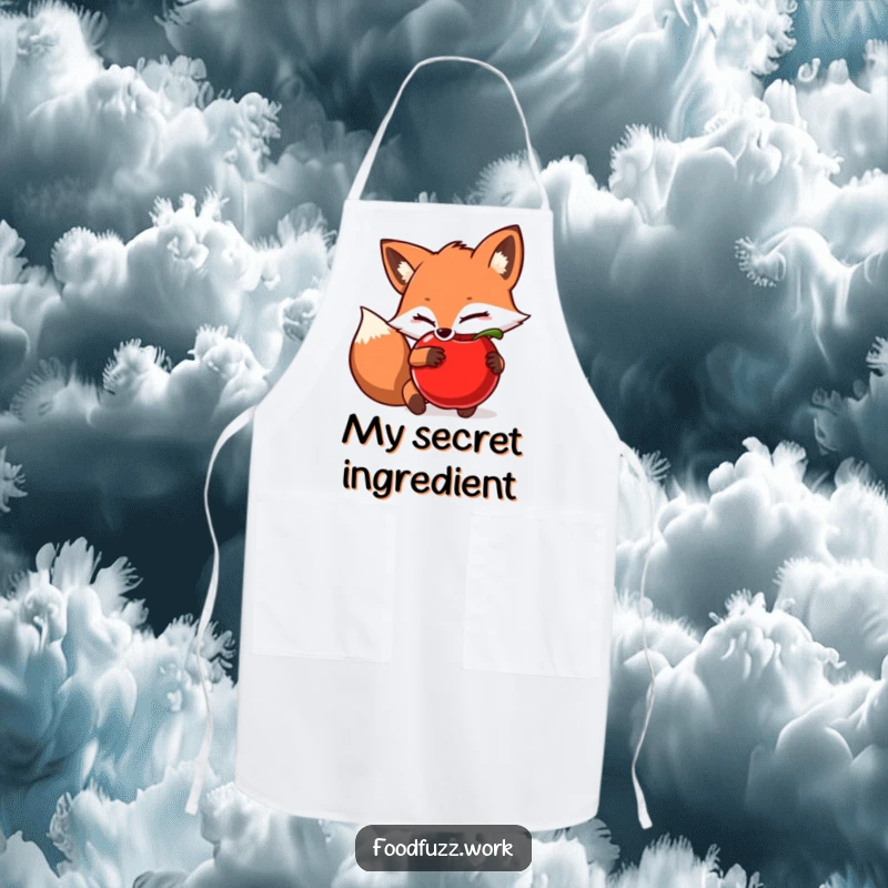 Funny Apron: A sly fox hiding an apple, perfect for kitchen adventures and adding playful humor to your cooking attire.