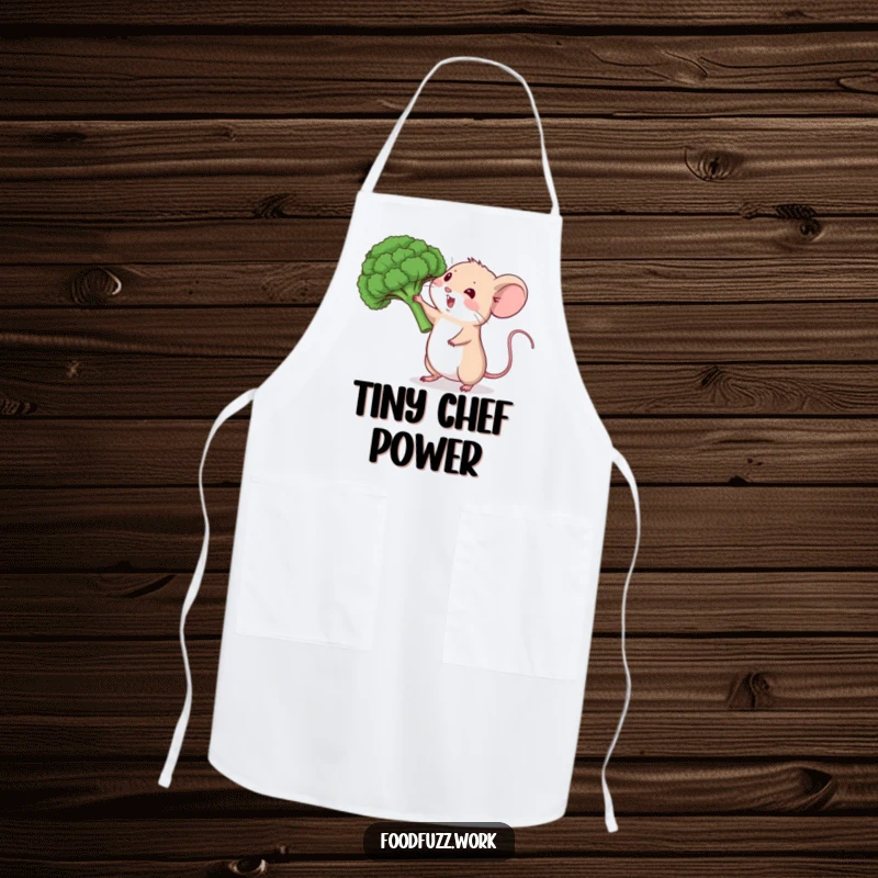 Funny mouse apron with broccoli, ideal for kitchen health humor and cooking enthusiasts.