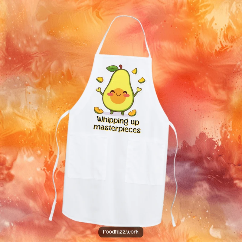 Funny Apron with a smiling avocado character happily juggling tiny fruit slices, adding a playful and humorous touch to kitchen activities.