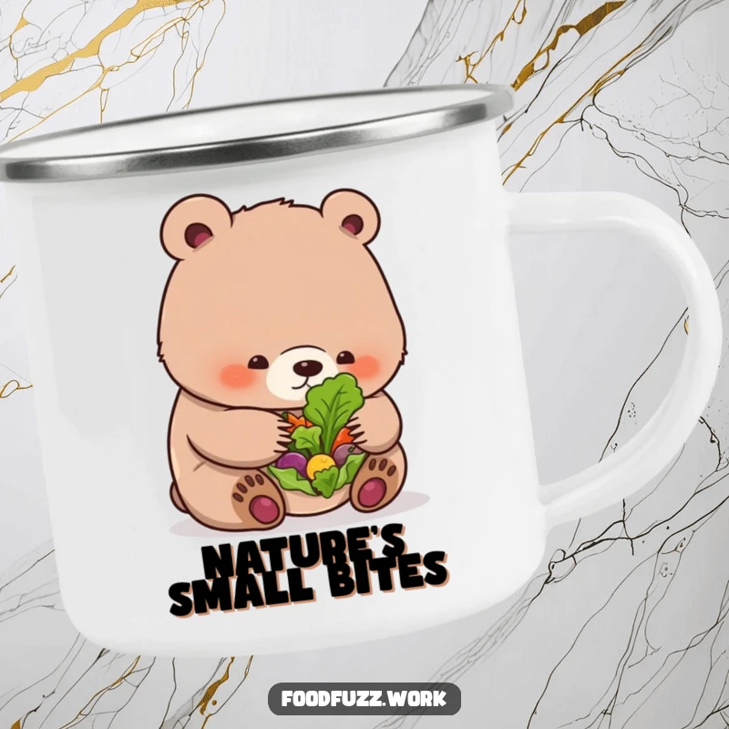 Funny bear cub camping mug with a cub and a small salad, capturing outdoor humor and a love for nature.
