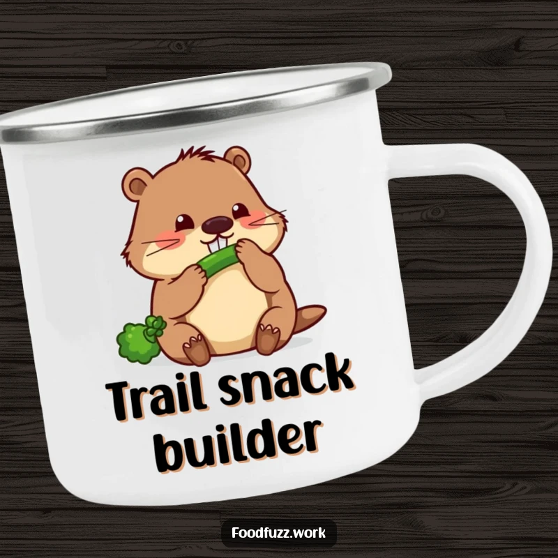 Funny beaver camping mug showing a focused beaver gnawing a thin cucumber, perfect for outdoor enthusiasts with a strong work ethic and sense of humor.