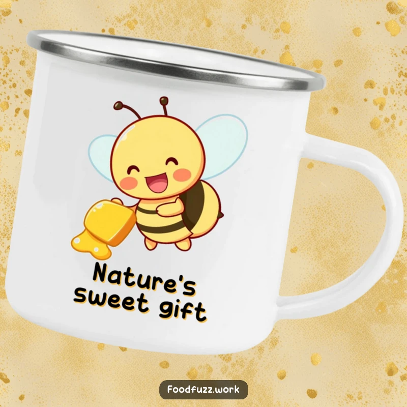 Funny Camping Mug: A buzzing bee delivering a honeydew slice, perfect for cheerful outdoor moments and sweet beverages. Rugged and charming.
