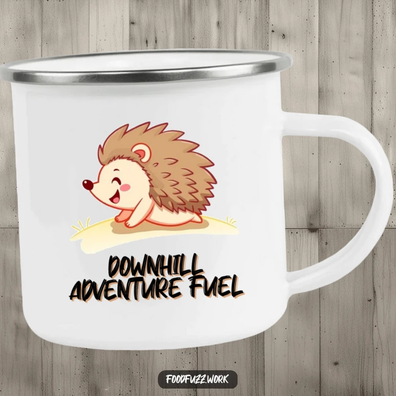 Funny hedgehog camping mug showing a jovial hedgehog rolling down a gentle slope, perfect for outdoor enthusiasts who appreciate playful humor.