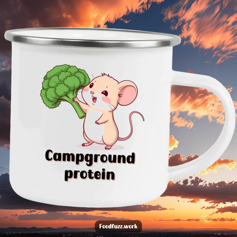 Funny mouse camping mug with broccoli, ideal for outdoor healthy humor and nature lovers.