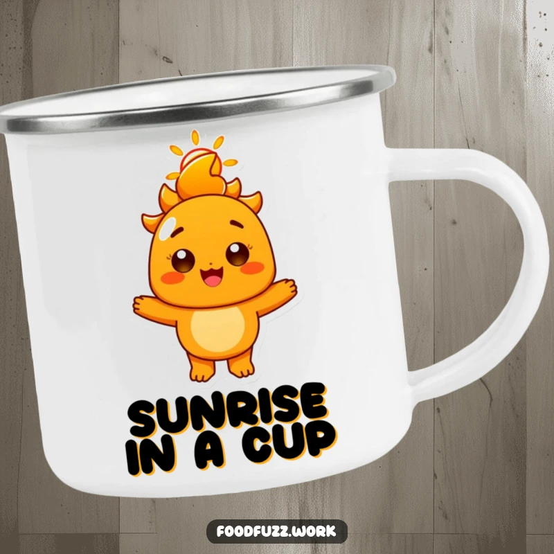 Funny Radiant Orange Camping Mug: A rugged mug with a cheerful orange character with a sunny smile, perfect for outdoor enthusiasts who love brightness.