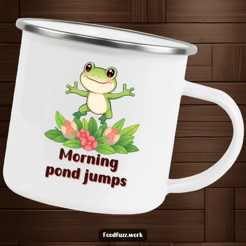 Funny frog camping mug showing a happy frog leaping over fresh green vegetables, perfect for outdoor enthusiasts who appreciate humor.