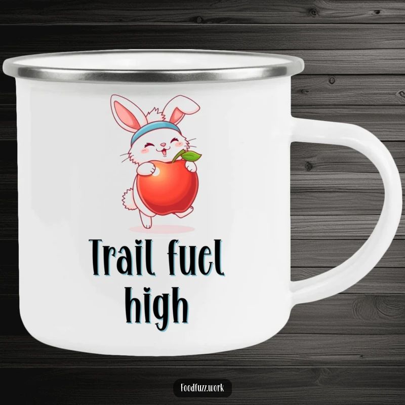 Funny bunny camping mug with sweatband and apple, ideal for outdoor workout humor and adventure.