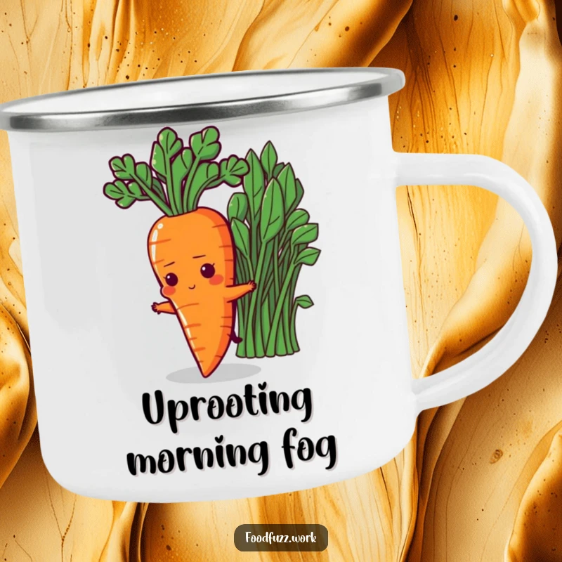 Funny Determined Carrot Camping Mug: A rugged mug with a determined carrot character stretching towards healthy greens, perfect for outdoor enthusiasts seeking motivation.
