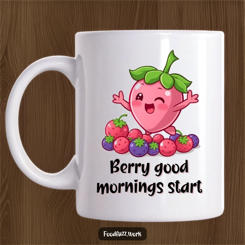 Funny Bouncing Berry Mug: A cute, plump berry character joyfully bouncing and reaching for more berries, embodying cheerful desire.