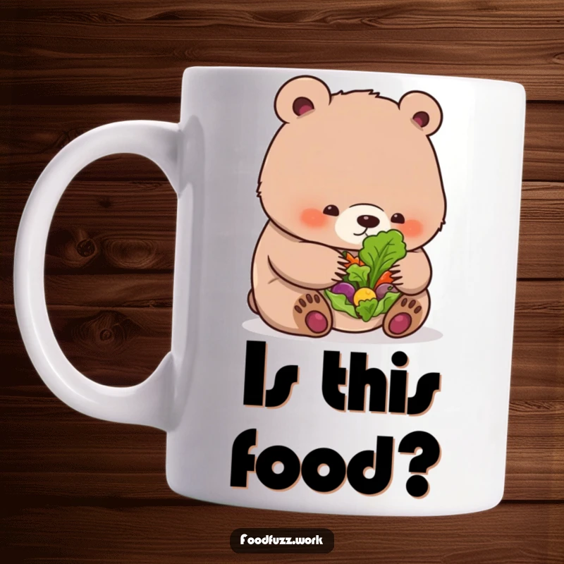 Funny bear cub mug with a leaf, looking confused at a small, colorful salad, representing health humor.