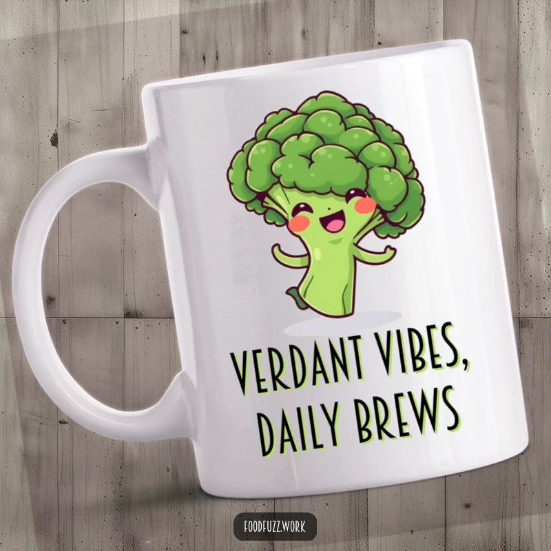 Funny Broccoli Floret Mug: A cheerful green veggie doing a playful, energetic spin with a happy expression, perfect for veggie lovers.