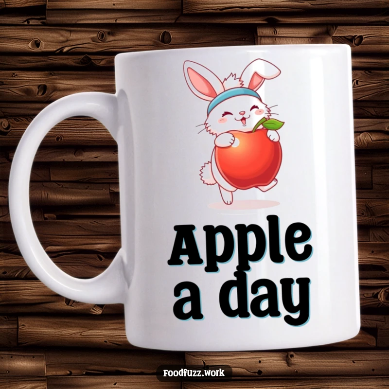 Funny bunny mug in a sweatband, joyfully bouncing a large apple, representing fitness and energetic humor.