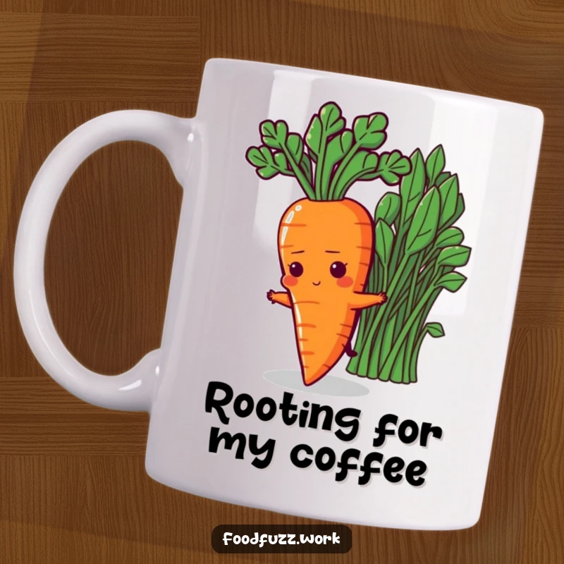 Funny Determined Carrot Mug: A motivated orange carrot character stretching energetically towards vibrant green vegetables, symbolizing health and ambition.