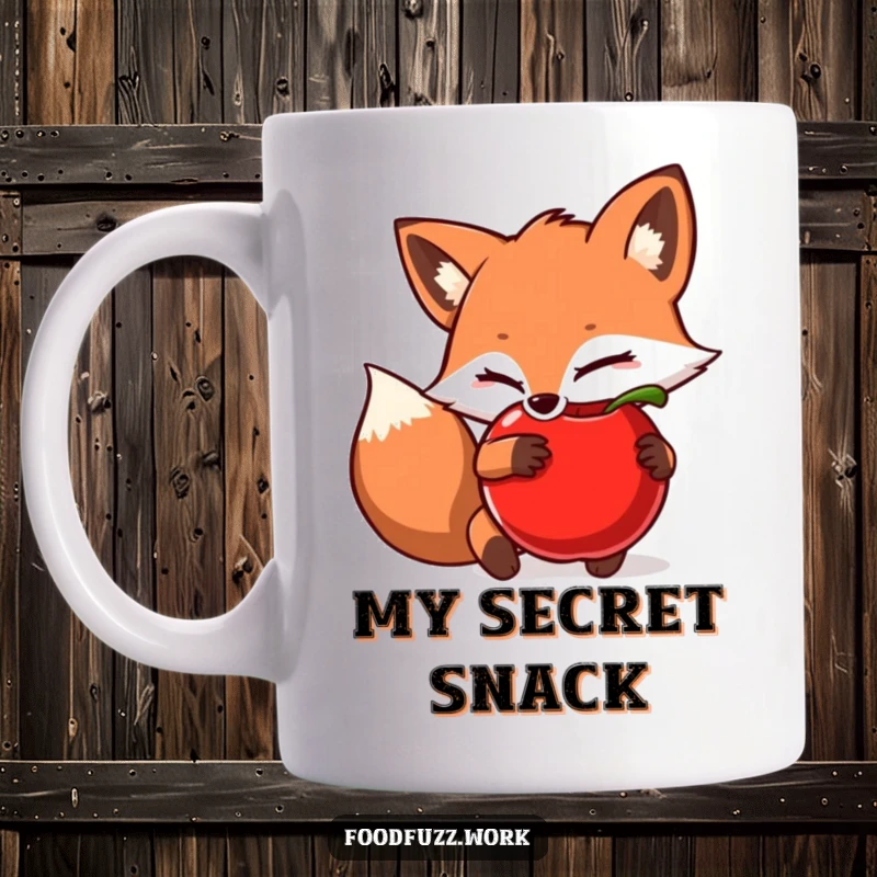 Funny Mug: A sly fox character is cleverly hiding a juicy apple behind its back, showcasing a mischievous and playful personality.