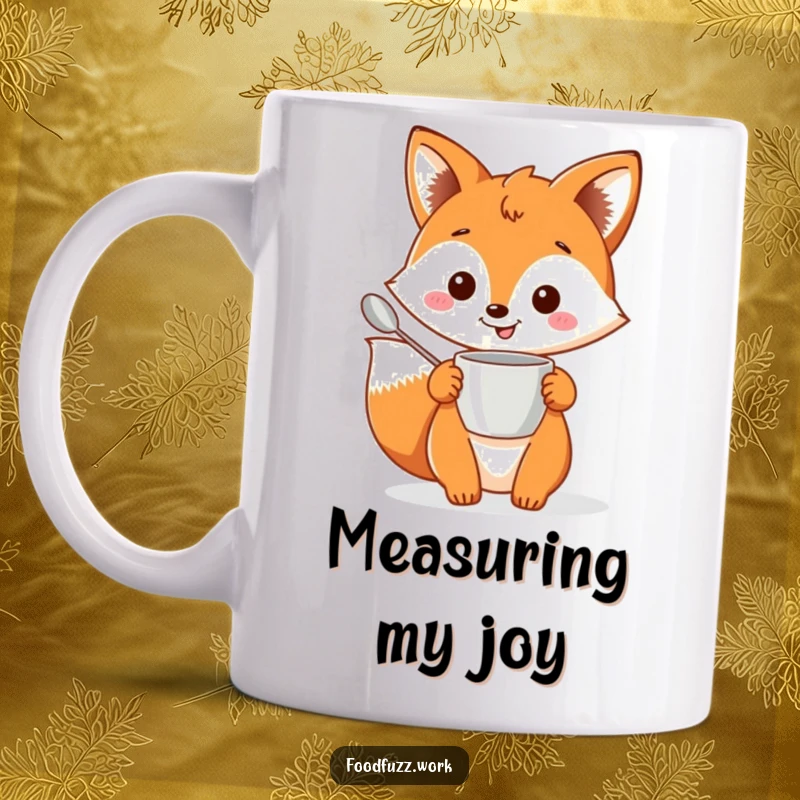 Funny fox mug holding a tiny measuring cup and spoon, representing playful baking and kitchen humor.