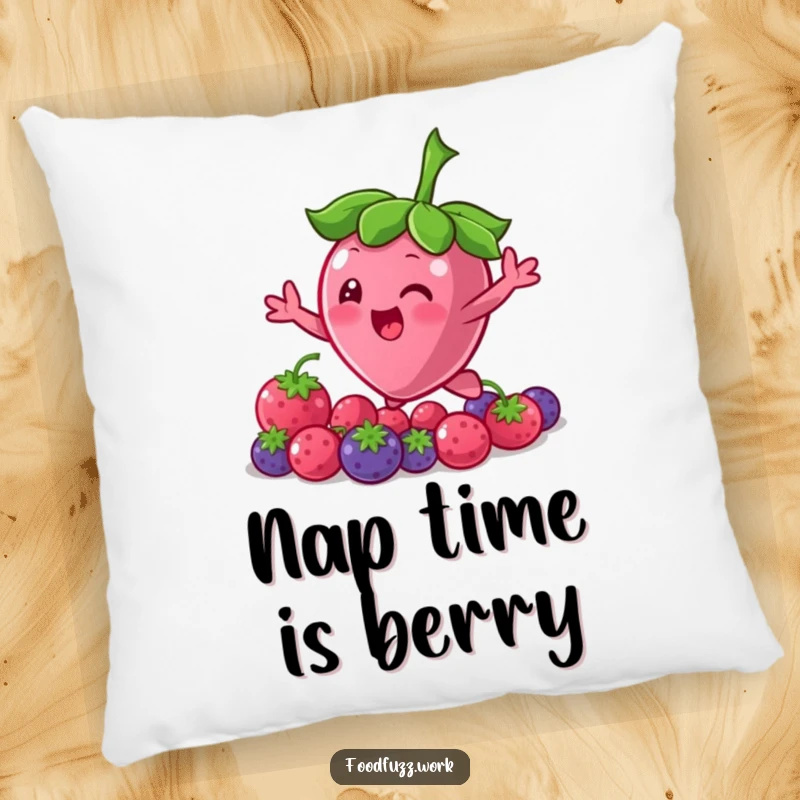 Funny Bouncing Berry Pillow: A soft, huggable pillow featuring a cute berry character bouncing and reaching for more, perfect for comfort.