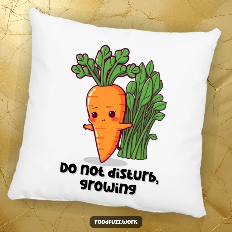 Funny Determined Carrot Pillow: A plush pillow featuring a determined carrot character stretching towards healthy greens, offering comfort and a motivational touch.