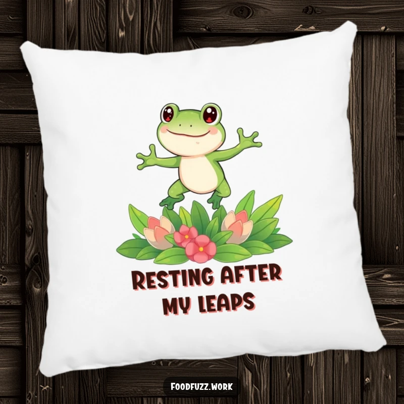 Funny frog pillow with a happy frog character energetically leaping over a colorful spread of fresh green vegetables, offering comfort and humor.
