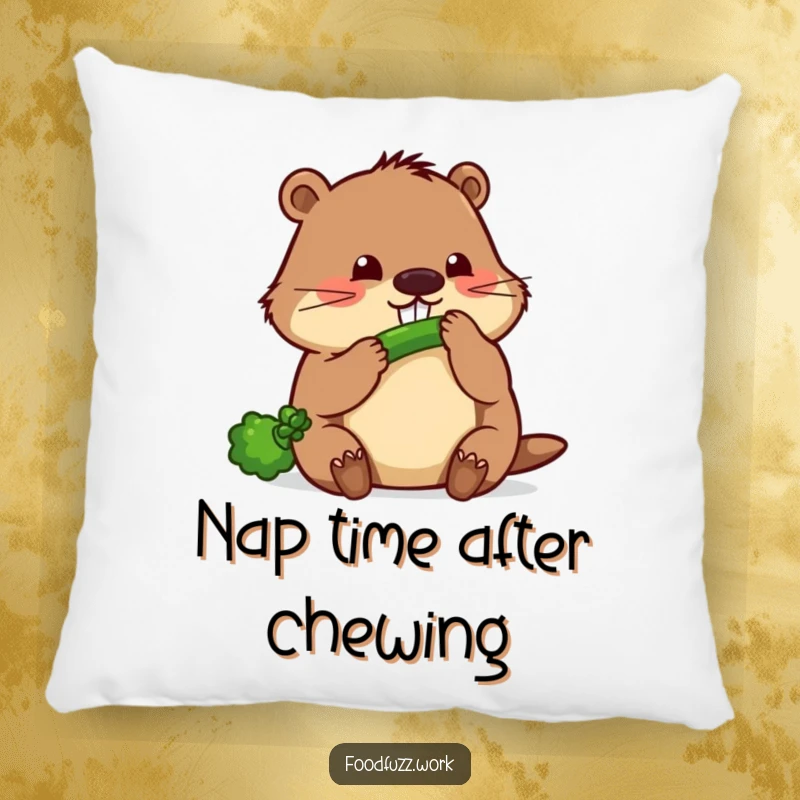 Funny beaver pillow featuring a hardworking beaver focused on gnawing a slender cucumber, bringing comfort and a comical work ethic to any setting.
