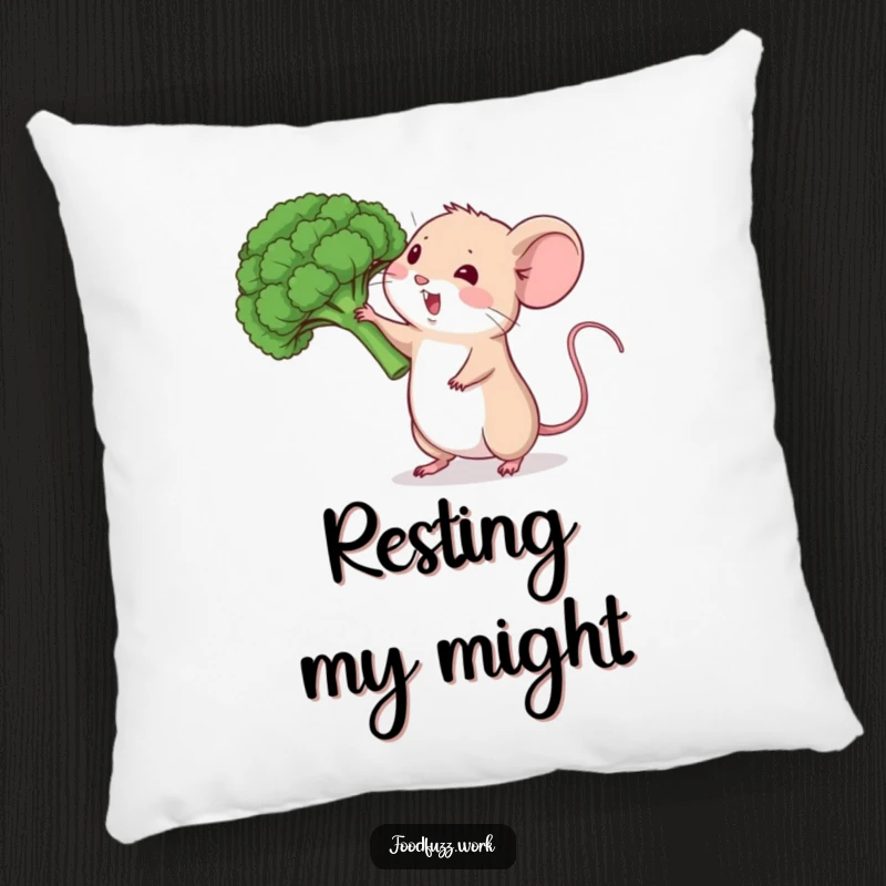 Funny mouse pillow with broccoli, bringing cozy healthy humor and adorable charm.