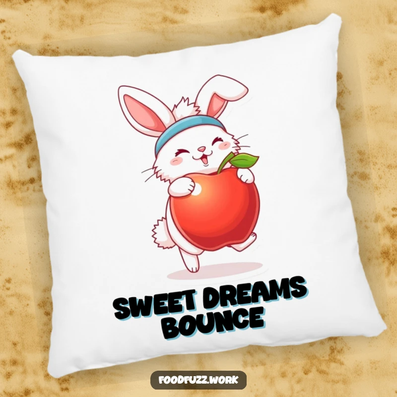 Funny bunny pillow with sweatband and apple, bringing cozy workout humor and playful energy.