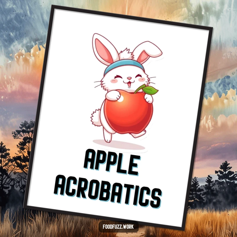 Funny bunny digital art print with sweatband bouncing an apple, offering instant fitness humor.