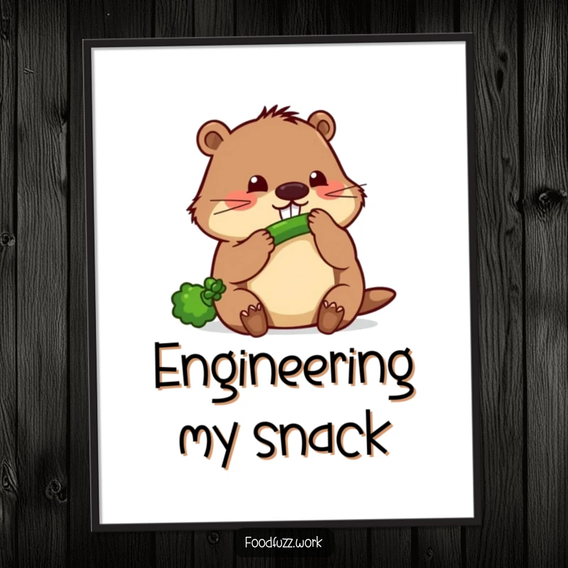 Funny beaver digital art print of a focused beaver gnawing a thin cucumber, bringing a humorous and industrious vibe to any digital space.