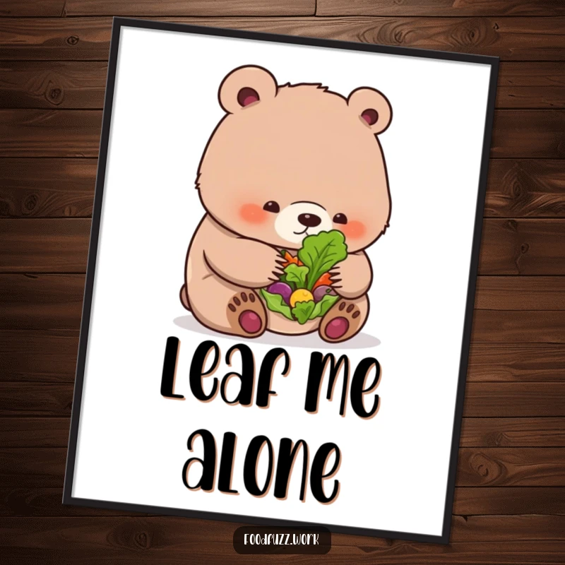 Funny bear cub digital art print of a cub examining a small salad, offering instant humorous decor.