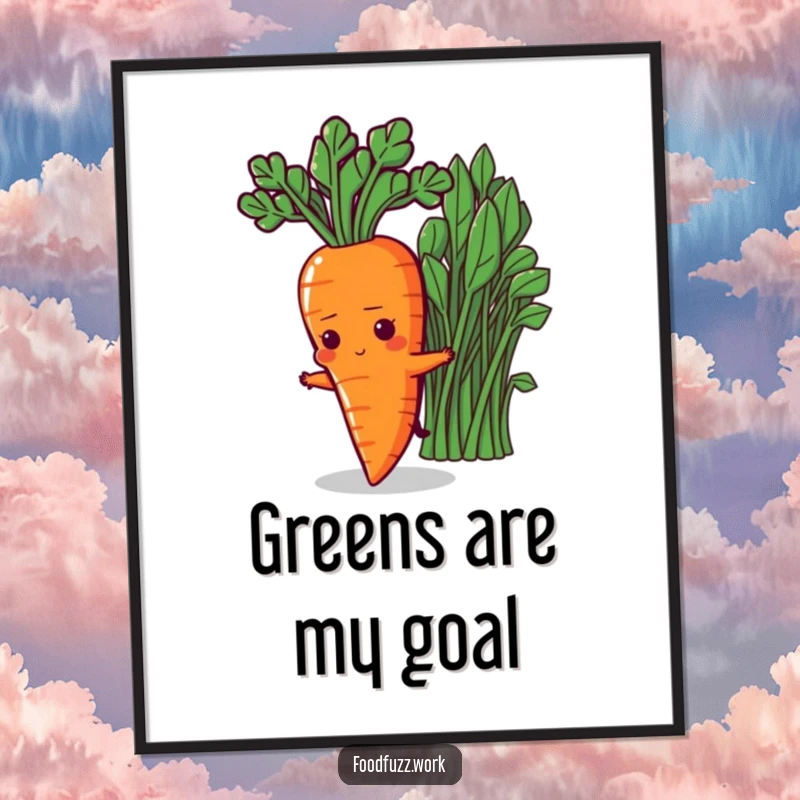 Funny Determined Carrot Digital Art Print: High-quality artwork of a determined carrot character stretching towards healthy greens, perfect for digital display or printing.