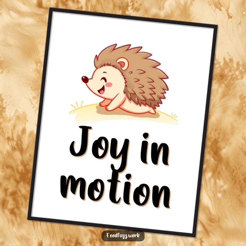 Funny hedgehog digital art print of a happy hedgehog rolling down a gentle slope, bringing a sense of carefree joy and humor to any display.