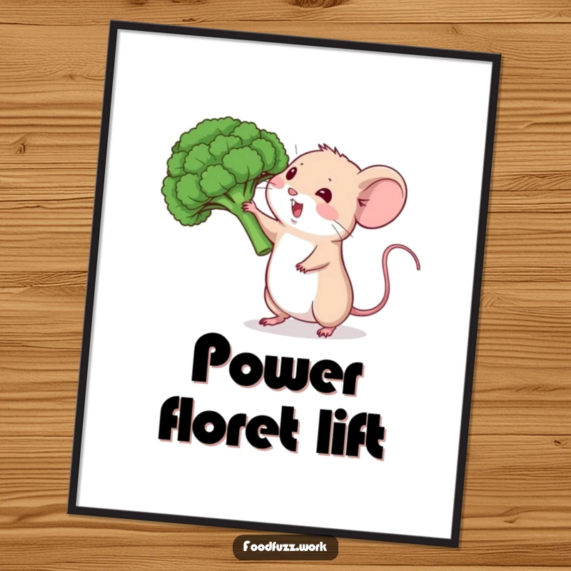 Funny mouse digital art print with broccoli, offering instant healthy humor and cute decor.