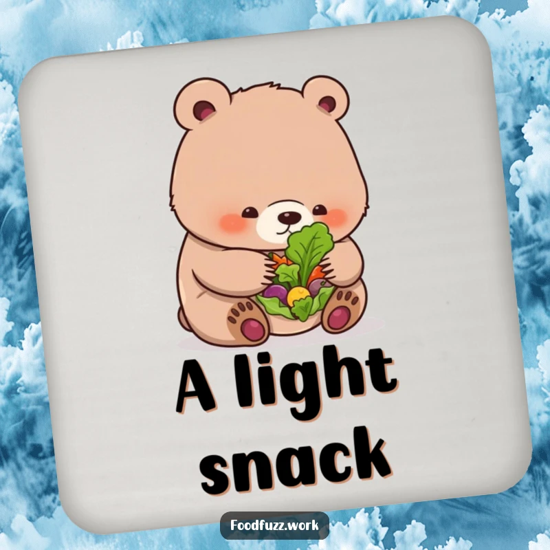 Funny bear cub coasters featuring a cub and a tiny salad, adding healthy humor to any drink setting.