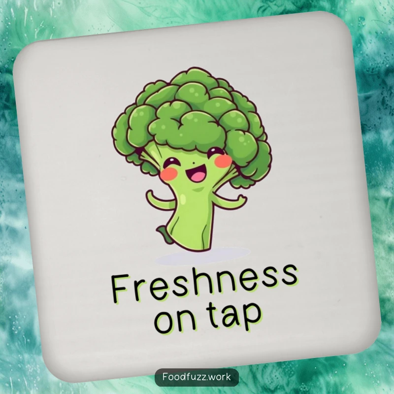 Funny Broccoli Floret Drink Coaster: A protective coaster featuring a cheerful green broccoli in a playful spin, adding humor to tabletops.