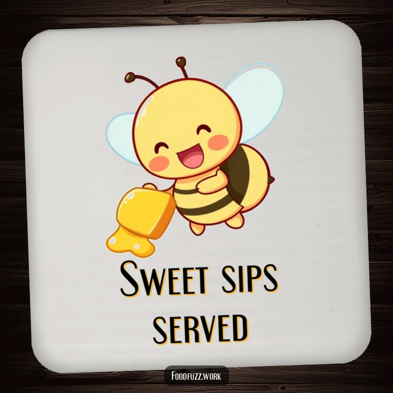 Funny Drink Coaster: A buzzing bee delivering a honeydew slice, adding cheerful humor and protecting surfaces. Charming and practical.