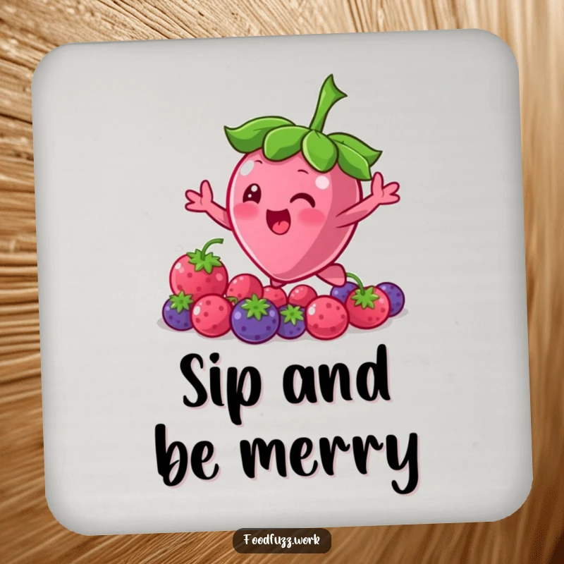 Funny Bouncing Berry Drink Coaster: A protective coaster featuring a cute berry character bouncing and reaching for more, adding charm to tables.