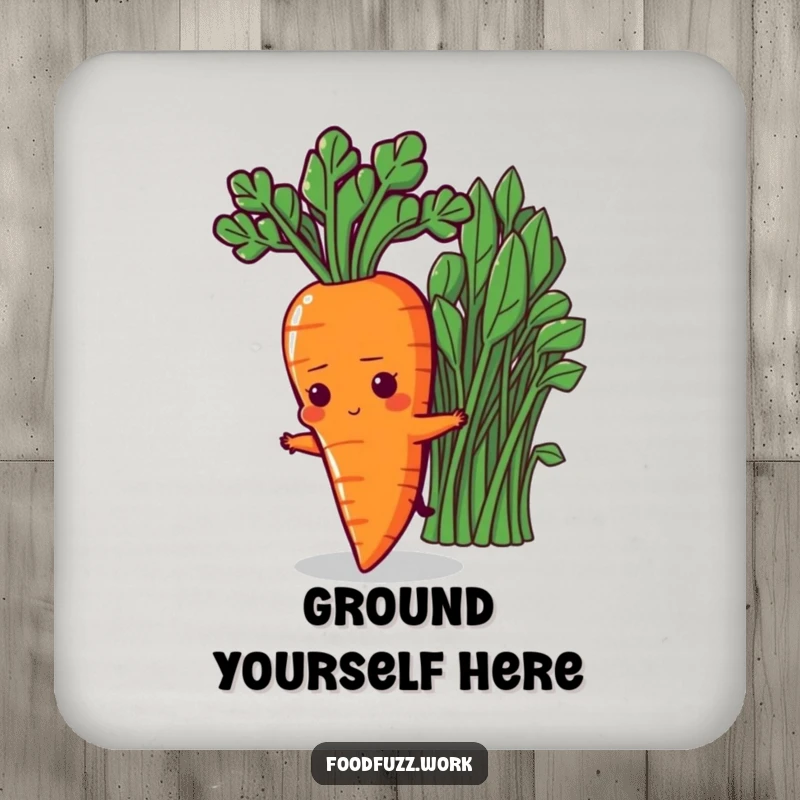 Funny Determined Carrot Drink Coaster: A protective coaster featuring a determined carrot character stretching towards healthy greens, adding motivation to tabletops.