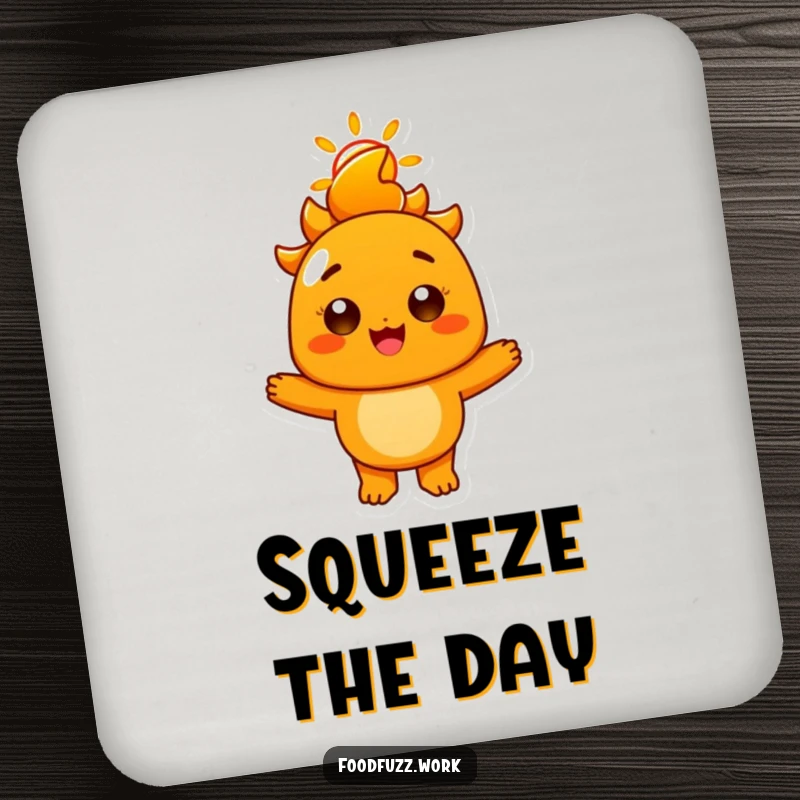 Funny Radiant Orange Drink Coaster: A protective coaster featuring a cheerful orange character with a sunny smile, adding joy and protection to tabletops.