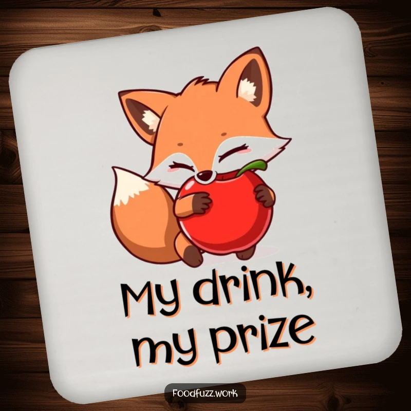 Funny Drink Coaster: A sly fox hiding an apple, adding playful humor and protecting surfaces. Charming and practical.