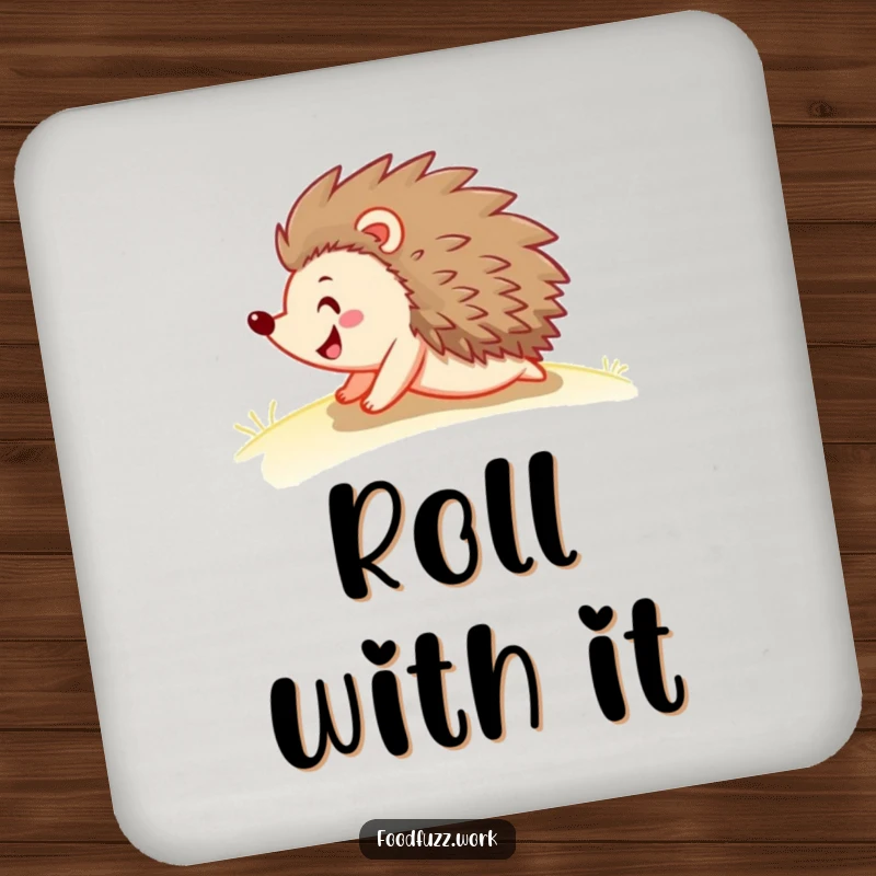 Funny hedgehog drink coasters featuring a jovial hedgehog rolling down a gentle slope, providing a humorous and protective surface for beverages.