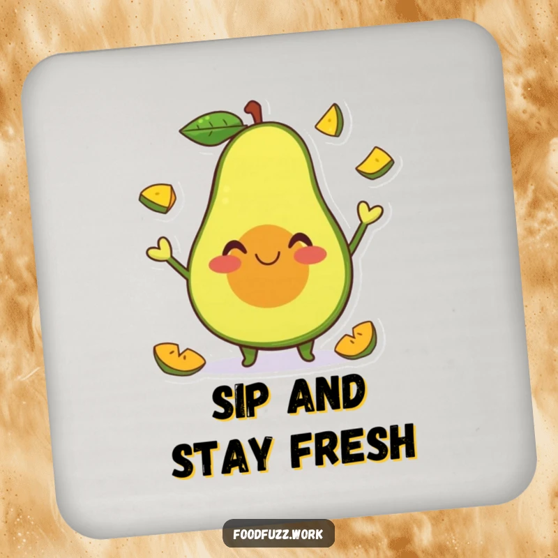 Funny Coaster featuring a smiling avocado character happily juggling tiny fruit slices, adding a playful and humorous touch to surfaces.