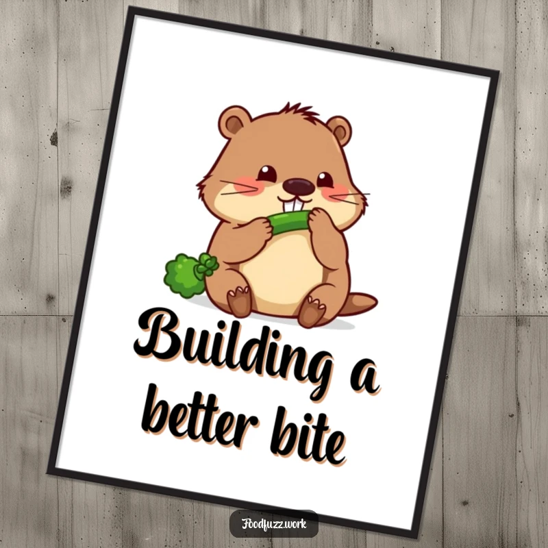 Funny beaver poster showing a busy beaver intently gnawing on a thin cucumber, adding a touch of industrious humor to wall decor.