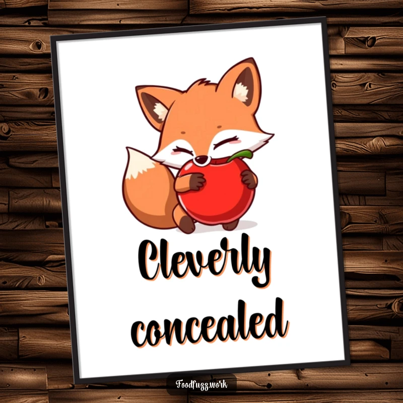 Funny Poster: A sly fox character concealing a juicy apple, creating a humorous and charming piece of wall art.