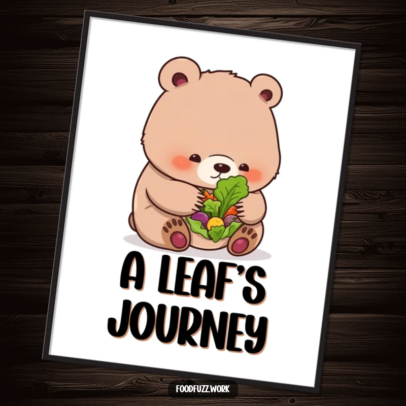 Funny bear cub poster examining a small salad, ideal for whimsical, humorous, healthy eating-themed decor.