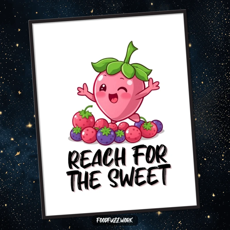 Funny Bouncing Berry Poster: An artistic rendition of a cute berry character bouncing and reaching, conveying a sense of playful longing.