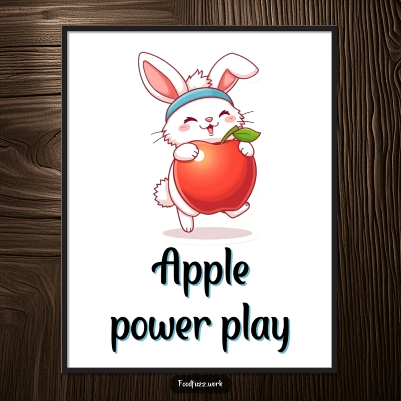 Funny bunny poster with sweatband bouncing an apple, ideal for energetic fitness-themed decor.