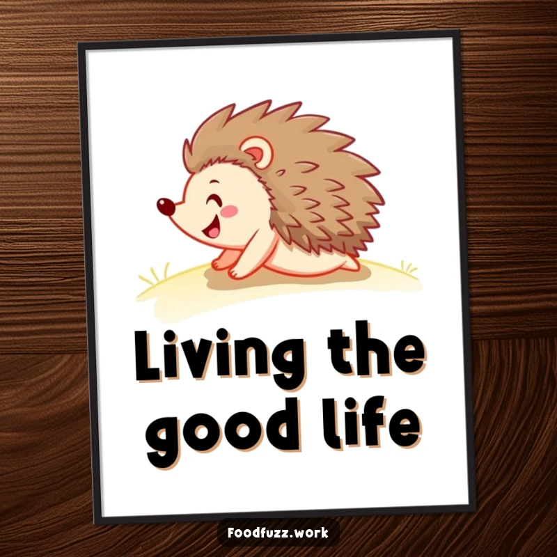 Funny hedgehog poster showing a happy hedgehog playfully rolling down a gentle slope, bringing a sense of carefree joy and humor to any wall.