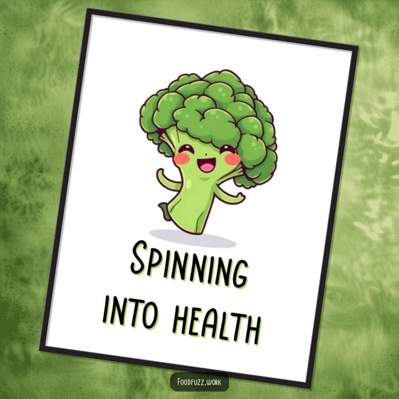 Funny Broccoli Floret Poster: A vibrant artwork of a cheerful green broccoli in a dynamic, playful spin, adding a humorous touch to decor.