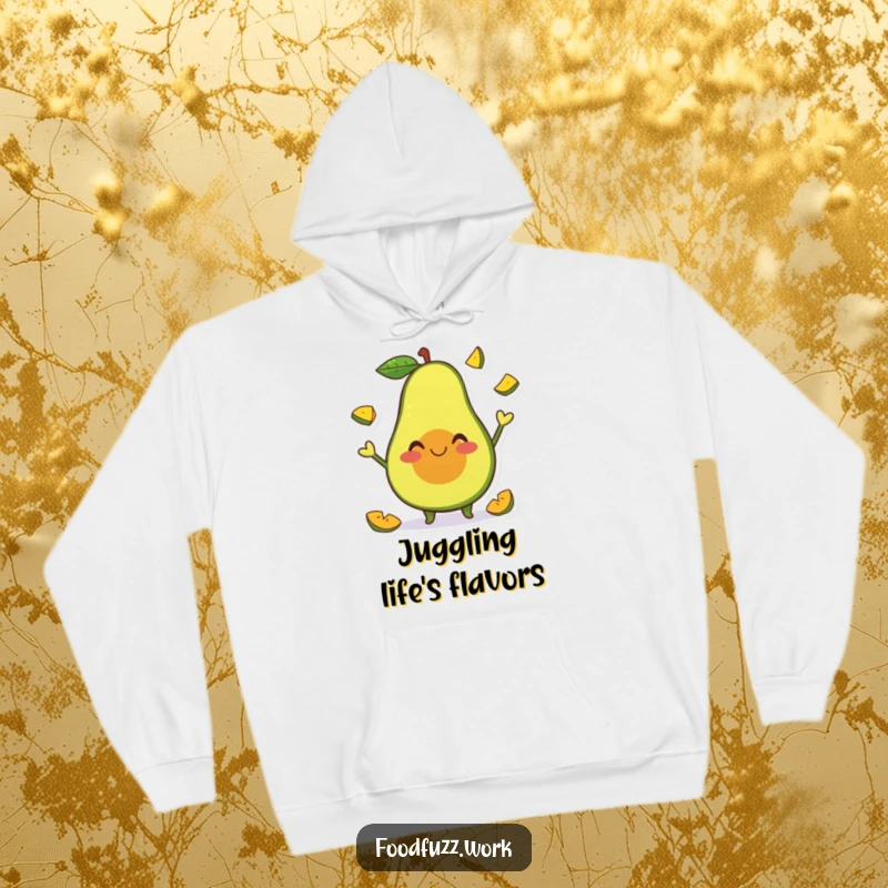 Funny Hoodie featuring a smiling avocado character happily juggling tiny fruit slices, offering cozy comfort with a fun and humorous design.